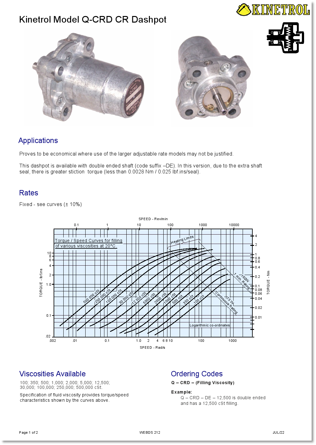 Kinetrol Rotary Dashpots, Vane Dashpots, Continuous Rotation Dashpots