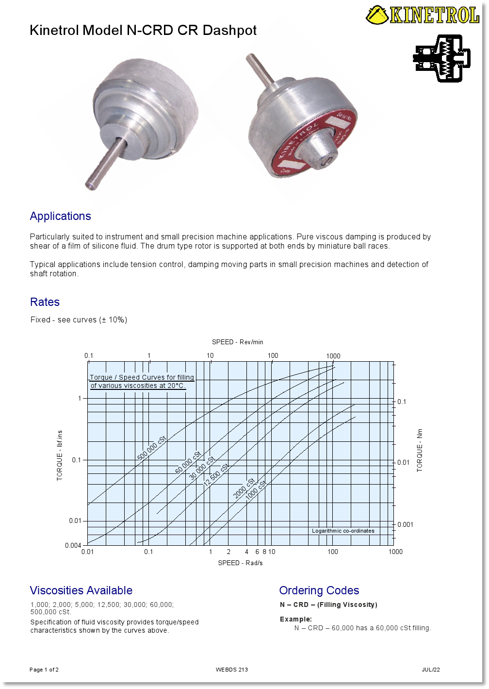 Kinetrol Rotary Dashpots, Vane Dashpots, Continuous Rotation Dashpots