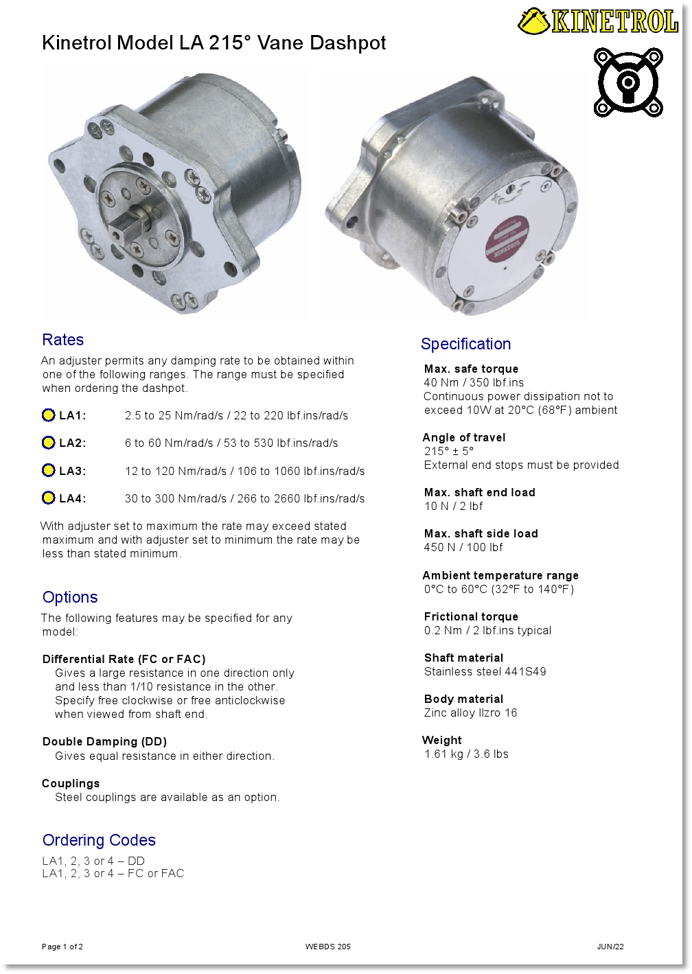Kinetrol Rotary Dashpots, Vane Dashpots, Continuous Rotation Dashpots