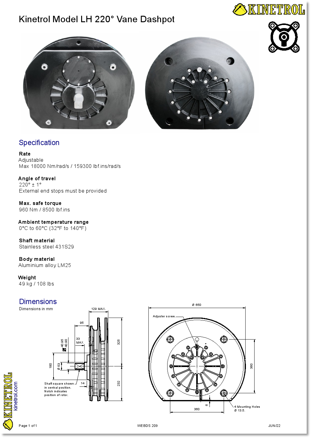 Kinetrol Rotary Dashpots, Vane Dashpots, Continuous Rotation Dashpots